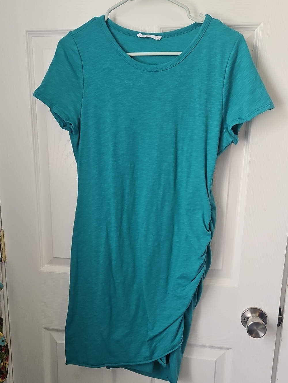 Ruched Side Short-Sleeve Mini Dress in Teal